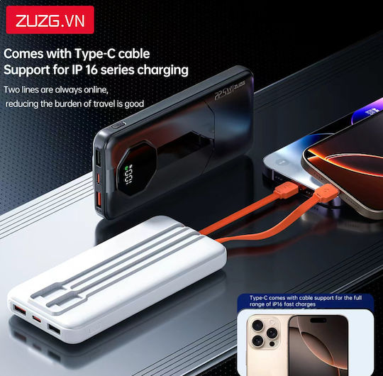 Zuzg C013 Power Bank 10000mah Fast Charging Built-in Cables & Digital Display White view 4