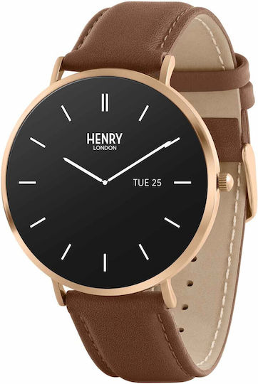 Henry London Smart Stainless Steel 43mm Smartwatch with Heart Rate Monitor (Rose & Chocolate Leather) view 1