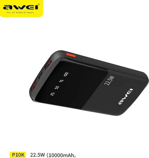 Awei P10K Power Bank 10000mAh 22.5W with 2 USB-A Ports and USB-C Port Black