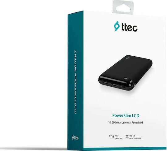 TTEC PowerSlim LCD 10000mAh with 2 USB-A Ports and USB-C Port Black view 2