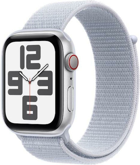 Apple Watch SE 2024 Cellular Aluminium 44mm Waterproof with eSIM and Heart Rate Monitor (Silver with Cloud Blue Sport Loop)