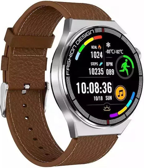 Men's Smart Watch Nubi Sk11 Plus Ips Display Bluetooth Call Pulse Calories Blood Pressure Remote Camera Sports Modes Brown Leather view 3