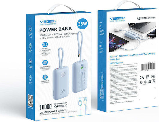 Veger Power Bank 10000mAh 35W with USB-A Port and USB-C Port Power Delivery Blue view 9