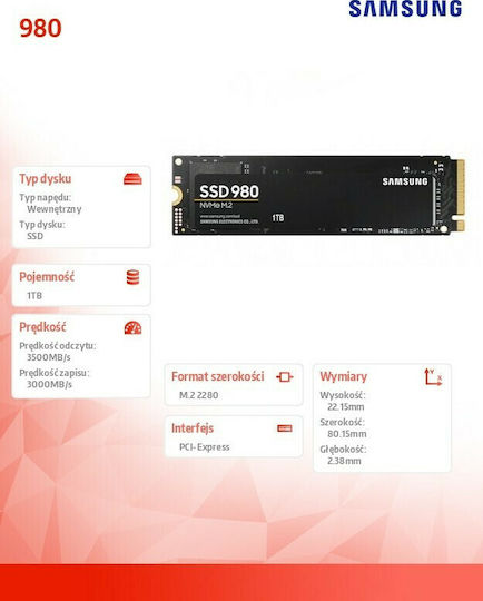 Samsung 980 SSD 1TB M.2 Type with PCI Express 3.0 Connection MZ-V8V1T0BW view 6