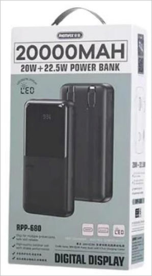 Remax RPP-680 Power Bank 20000mAh 22.5W with USB-A Port and USB-C Port Power Delivery Black vue 3