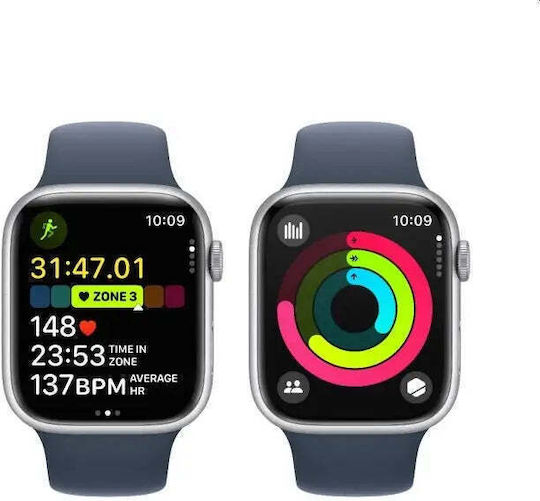 Apple Watch Series 9 Aluminium 45mm Waterproof with Heart Rate Monitor (Silver with Storm Blue Sport Band (S/M)) view 5