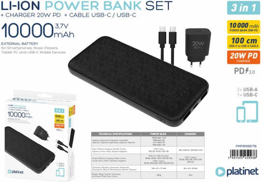 Platinet PMPB10SETB Power Bank 10000mAh 20W with 2 USB-A Ports Power Delivery Black view 2