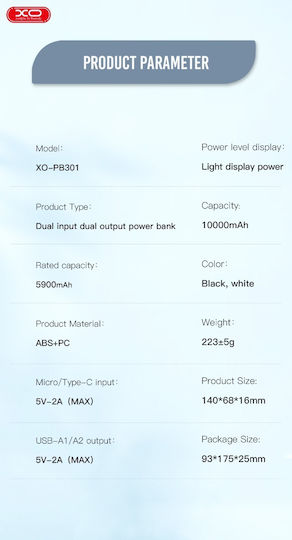 XO PB301 Power Bank 10000mAh with 2 USB-A Ports Black view 6