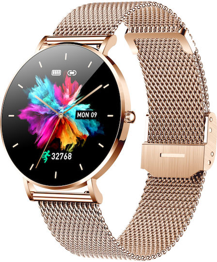 Smartwatch Idealstore Finetouch2.1 Amoled Screen Ultra Slim Health Monitor 22 Sports Modes 30 Days Standby Side Button Oxygen Sensor Heart Rate Monitoring Sleep Breathing Gold Metal Bracelet view 1