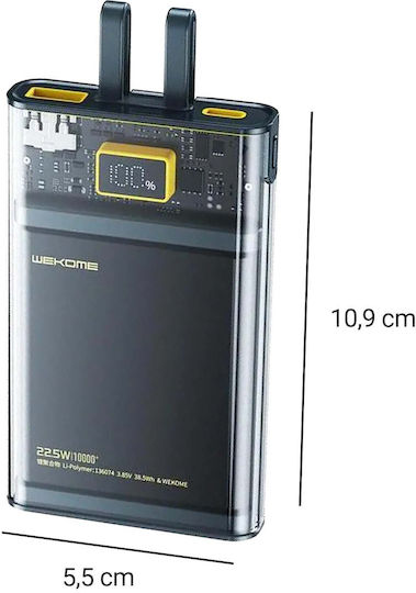 WK Power Bank 10000mAh 20W with USB-A Port and USB-C Port Power Delivery Transparent view 4