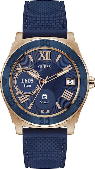 Guess Connect Hybrid Stainless Steel Smartwatch (Rose Gold Blue Rubber Strap)