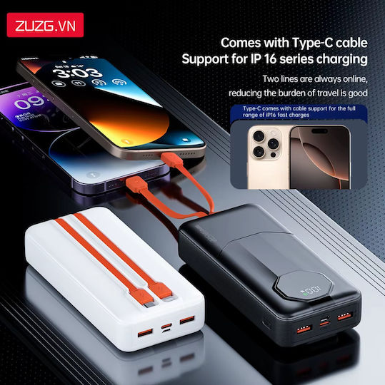Zuzg C013p Power Bank 20000mAh Fast Charge PD 20W & QC 22.5W Built-in Cables & LED Display White view 6