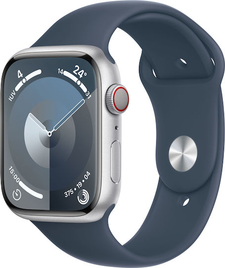 Apple Watch Series 9 Cellular Aluminium 45mm Waterproof with eSIM and Heart Rate Monitor (Silver with Storm Blue Sport Band (S/M)) view 2