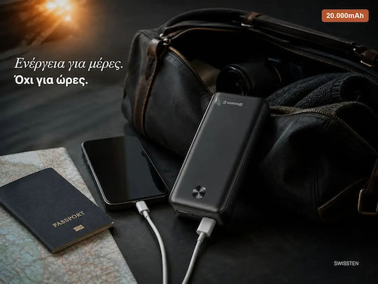Swissten Power Bank 20000mAh 10.5W with 2 USB-A Ports and USB-C Port Black view 2