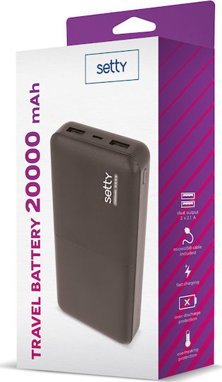 Setty Travel Battery Power Bank 20000mAh with 2 USB-A Ports Black view 2