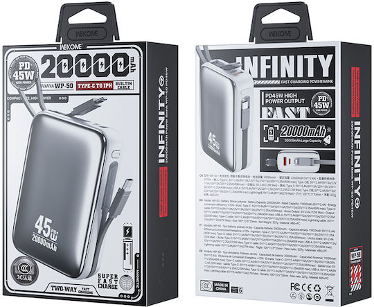 WK WP-50 Power Bank 20000mAh 45W Power Delivery White view 3