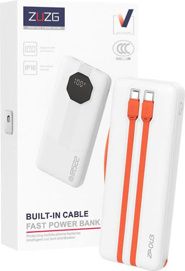 Zuzg C013 Power Bank 10000mah Fast Charging Built-in Cables & Digital Display White view 1