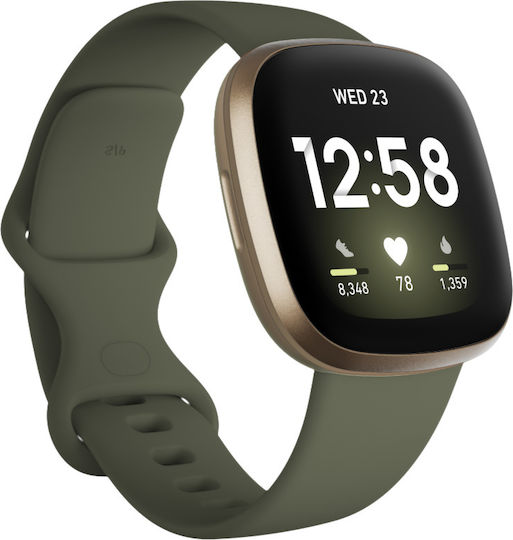 Fitbit Versa 3 Waterproof Smartwatch with Heart Rate Monitor (Olive / Soft Gold Aluminum)