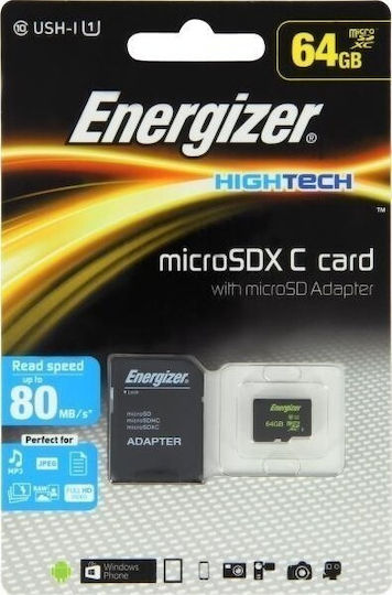 Energizer HighTech microSDXC 64GB U1 UHS-I 80MB/s with Adapter view 1