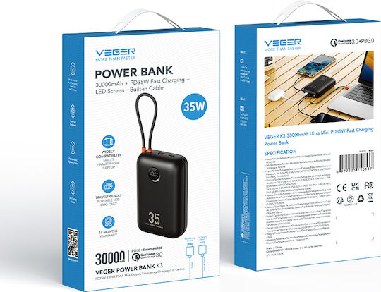 Veger W3018 Power Bank 30000mAh 35W with USB-A Port and USB-C Port Power Delivery / Quick Charge 3.0 Black vue 5