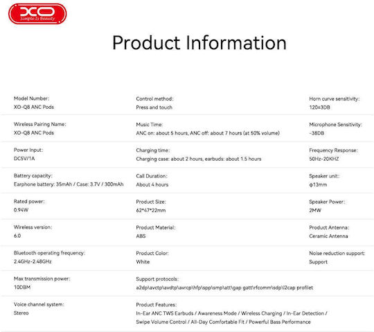 XO X8 In-ear Bluetooth Handsfree Earphones with Sweat Resistance and Charging Case White view 2