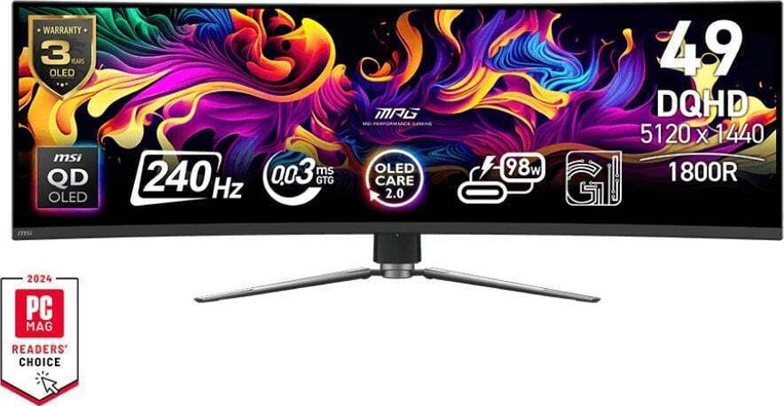 MSI MPG 491CQPX Ultrawide QD-OLED HDR Curved Gaming Monitor 49" 5120x1440 240Hz with Response Time 0.03ms GTG view 1