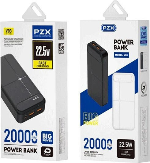 PZX V03 Power Bank 20000mAh 22.5W with 2 USB-A Ports Black view 1