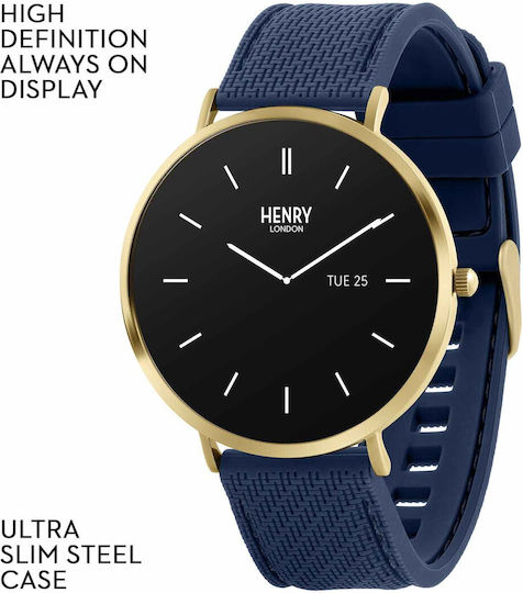Henry London Smart Stainless Steel 43mm Smartwatch with Heart Rate Monitor (Gold & Navy Silicone) view 7