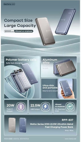 Remax RPP-637 Power Bank 20000mAh 18W with USB-A Port and USB-C Port Power Delivery Blue view 3