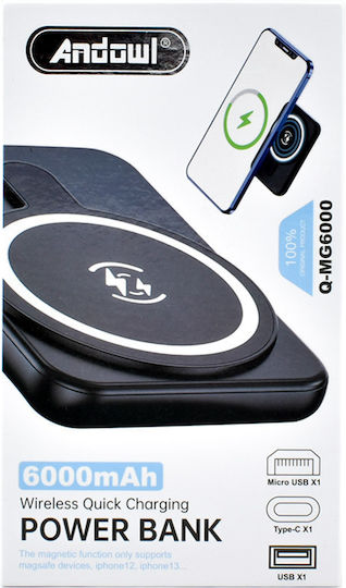 Andowl Q-MG6000 MagSafe Power Bank 6000mAh with USB-A Port and USB-C Port Black view 3