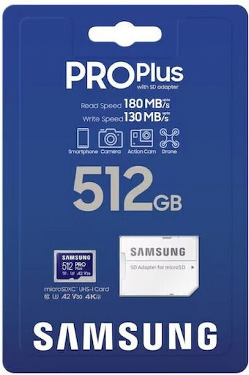 Samsung Pro Plus (2023) microSDXC 512GB U3 V30 A2 UHS-I 180MB/s with Adapter