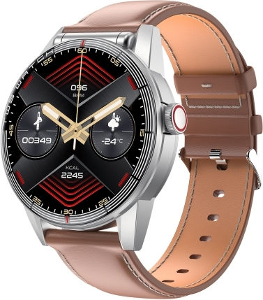 R6 1.32 Inch Round Screen 2 In 1 Bluetooth Earphone Smart Watch Support Bluetooth Call Health Monitoring Brown Leather Strap