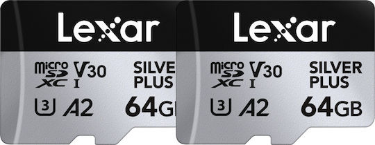 Lexar Professional Silver Plus microSDXC 64GB U3 V30 A2 UHS-I 205MB/s with Adapter view 1