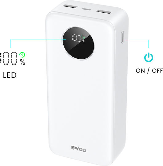 BWOO Power Bank 30000mAh 22.5W with 2 USB-A Ports and USB-C Port Power Delivery / Quick Charge 3.0 White view 5