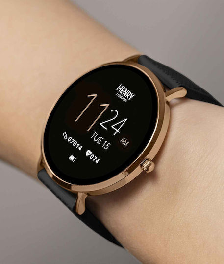 Henry London Smart Stainless Steel 43mm Smartwatch with Heart Rate Monitor (Rose & Black Silicone) view 6