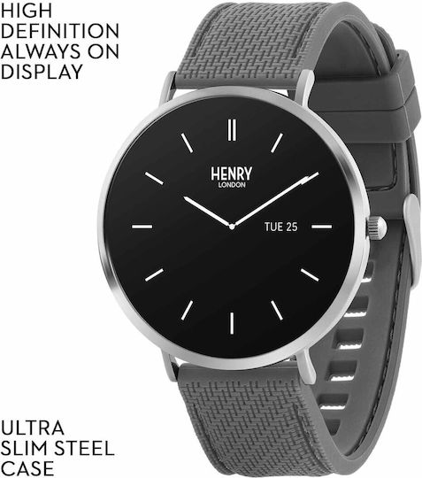 Henry London Smart Stainless Steel 43mm Smartwatch with Heart Rate Monitor (Silver & Slate Silicone) view 7