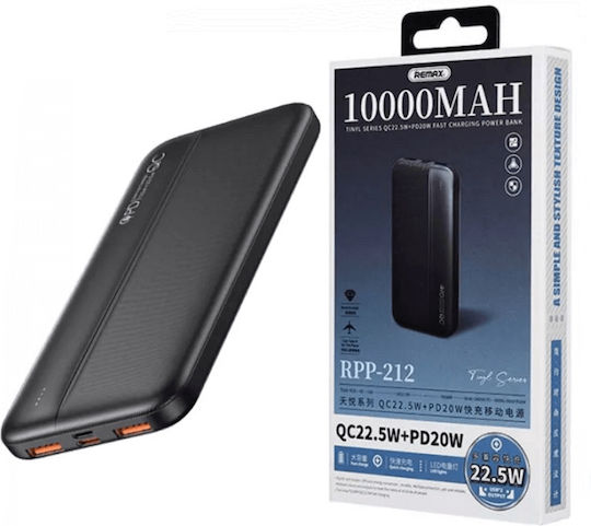 Remax RPP-212 Power Bank 10000mAh 22.5W with 2 USB-A Ports and USB-C Port Power Delivery / Quick Charge 3.0 Black