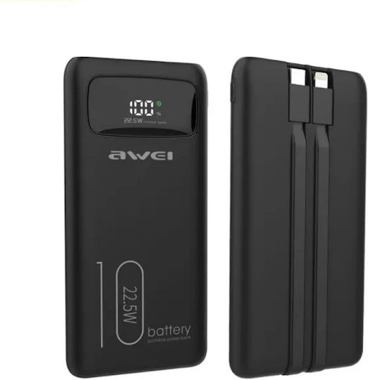 Awei P168K Power Bank 10000mAh 22.5W with USB-A Port and USB-C Port Black