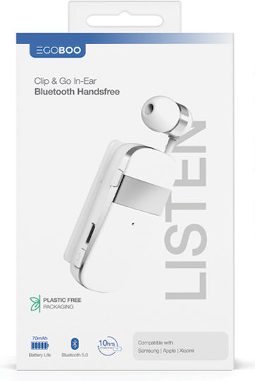 Egoboo Clip+Go In-ear Bluetooth Handsfree Earphone White view 2