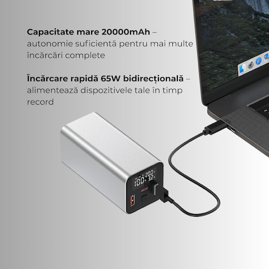 Voltres Power Bank 20000mAh 65W with 2 USB-A Ports and USB-C Power Delivery / Quick Charge 3.0 Silver view 3