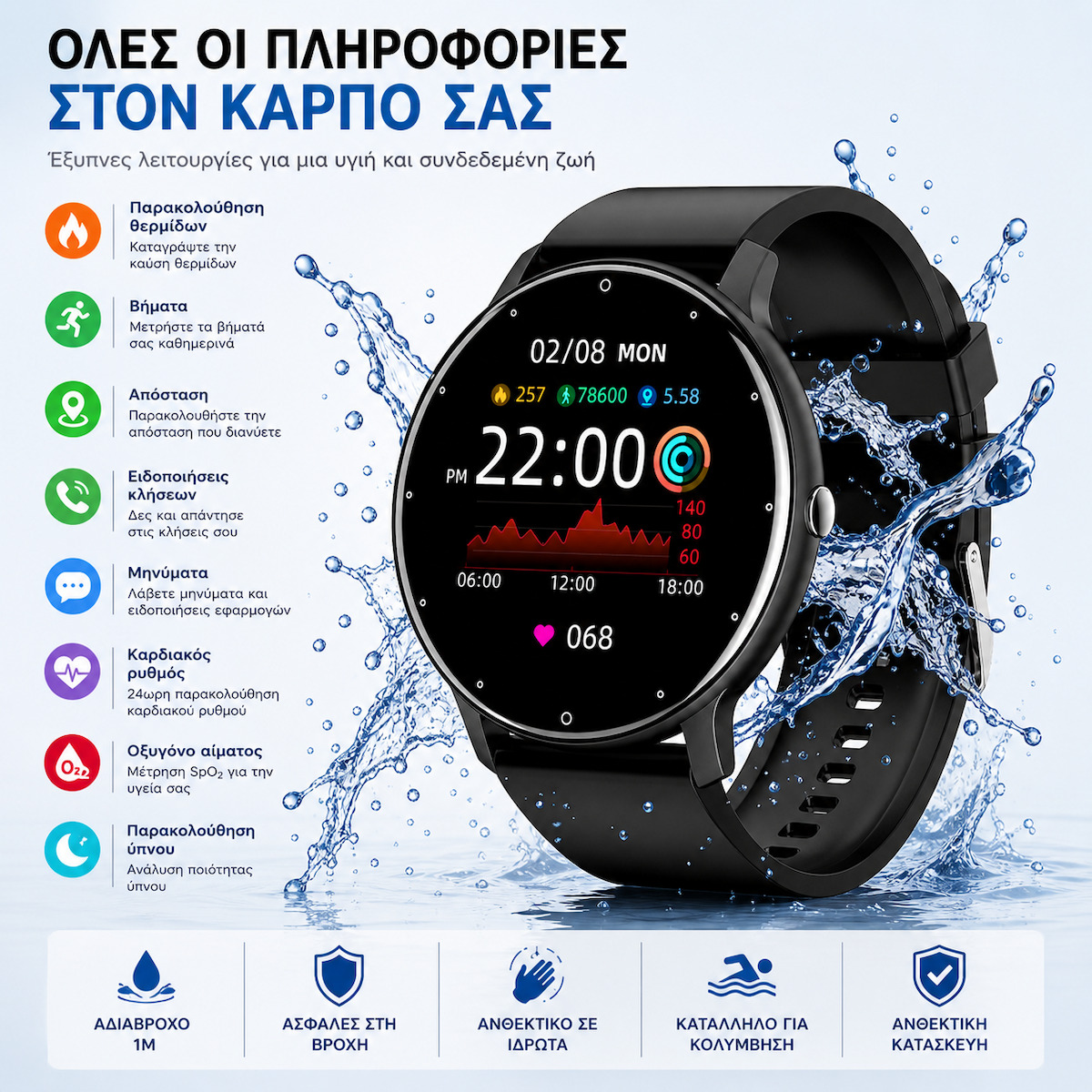 GF03 Aluminum Smartwatch with Heart Rate Monitor Black view 4