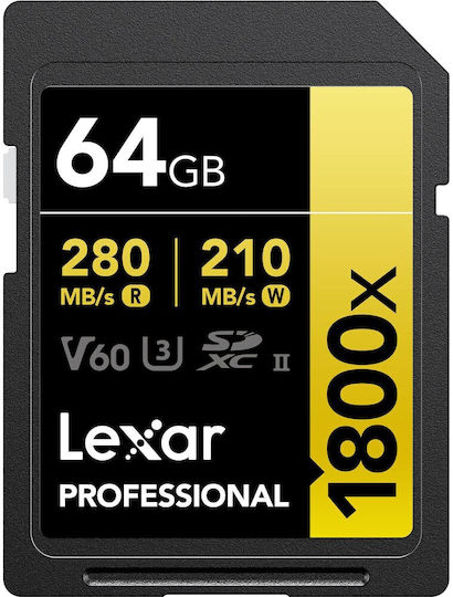 Lexar Professional 1800x SDXC 64GB U3 V60 UHS-II 280MB/s with Adapter