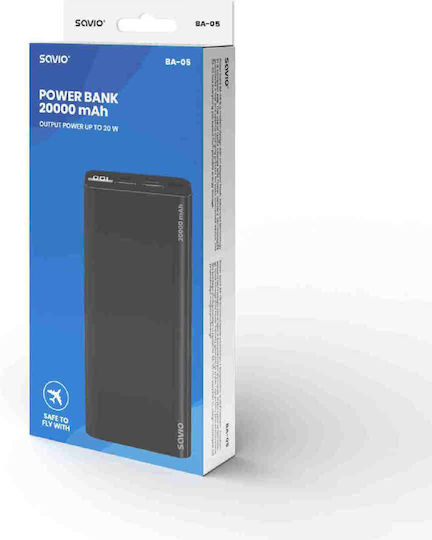 Savio BA-05 Power Bank 20000mAh with 2 USB-A Ports and USB-C Port Power Delivery Black vue 3
