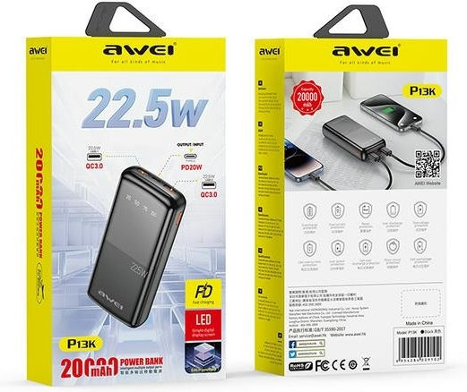 Awei P13K Power Bank 20000mAh 22.5W with 2 USB-A Ports and USB-C Port Black view 3