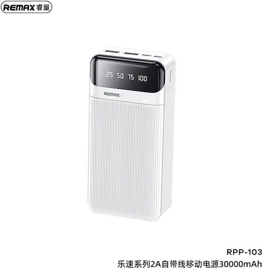 Remax RPP-103 Power Bank 30000mAh with 2 USB-A Ports and USB-C Port White