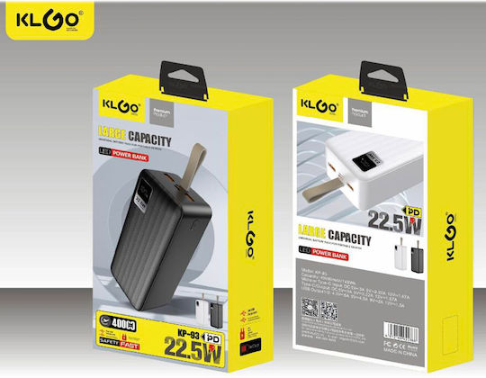 KLGO KP-93 Power Bank 40000mAh 22.5W with 2 USB-A Ports and USB-C Port Power Delivery Black view 2