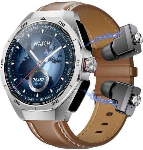 Smartwatch Gt97 1.53 Inch Round Screen 2 In 1 Bluetooth Earphone Leather Strap Smart Watch Supports Bluetooth Calls Silver