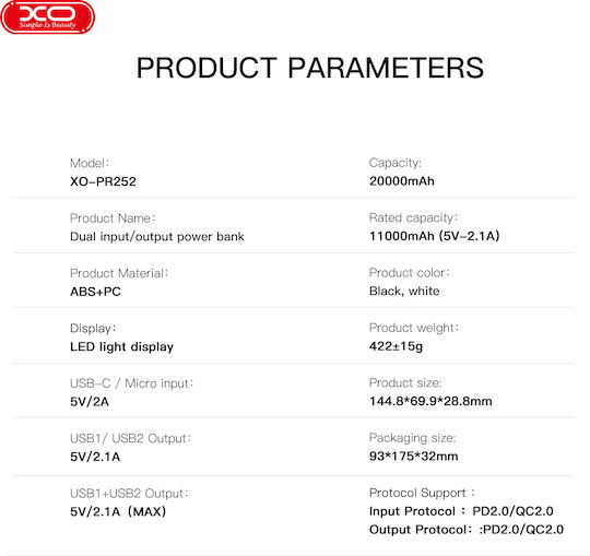 XO PR252 Power Bank 20000mAh with 2 USB-A Ports Power Delivery / Quick Charge 2.0 White view 3