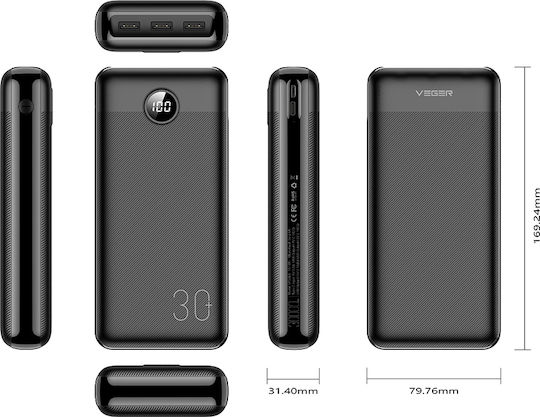 Veger L30 VP3008PD Power Bank 30000mAh 20W with 3 USB-A Ports and USB-C Port Black view 5