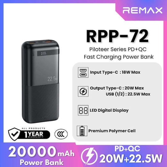 Remax RPP-72 Power Bank 20000mAh with 2 USB-A Ports Power Delivery Black view 2